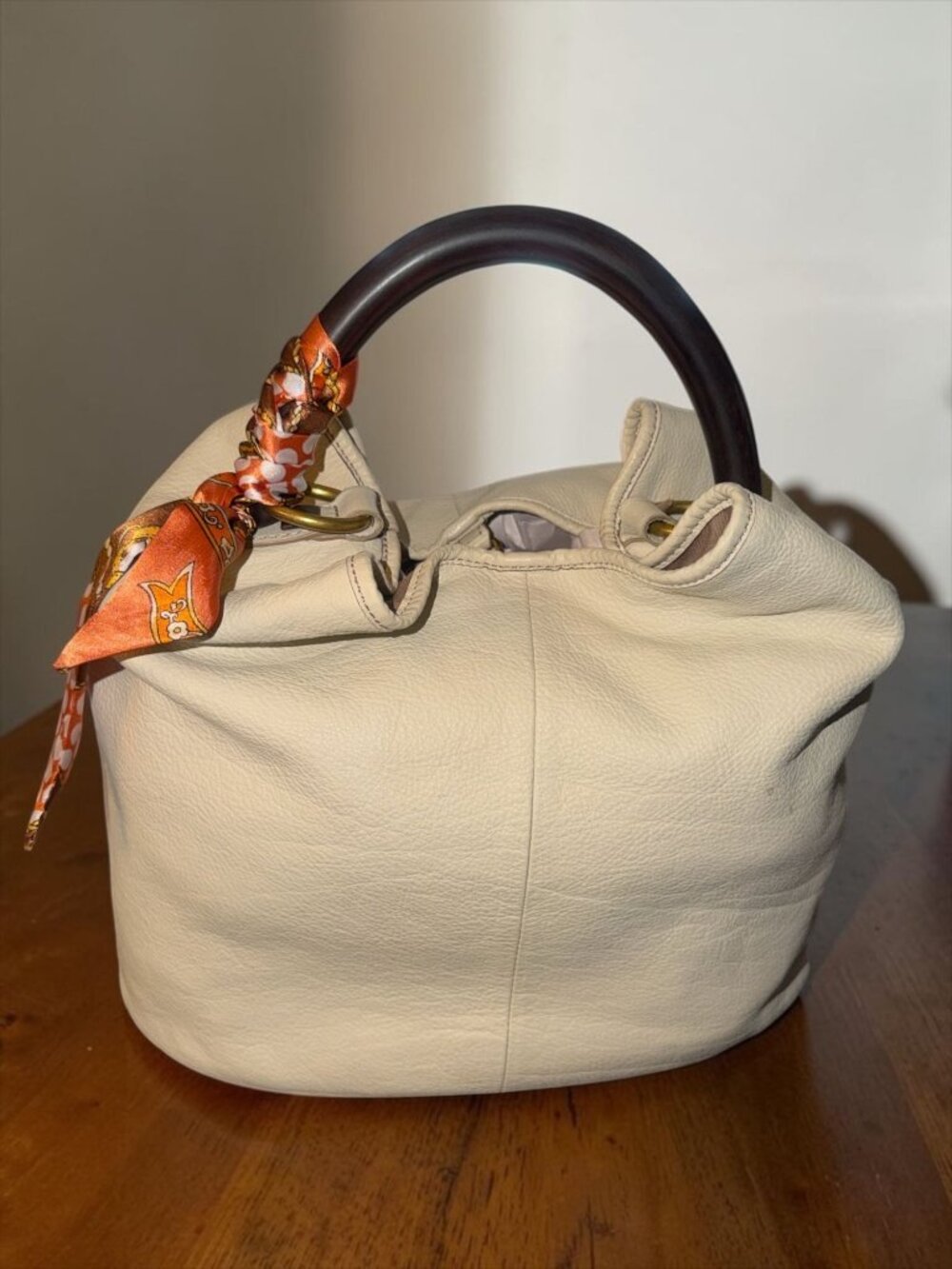 VTG J Crew Horn Handle Hobo Bone White Pebbled Leather Slouchy Shoulder Bag Boho - Picture 2 of 11